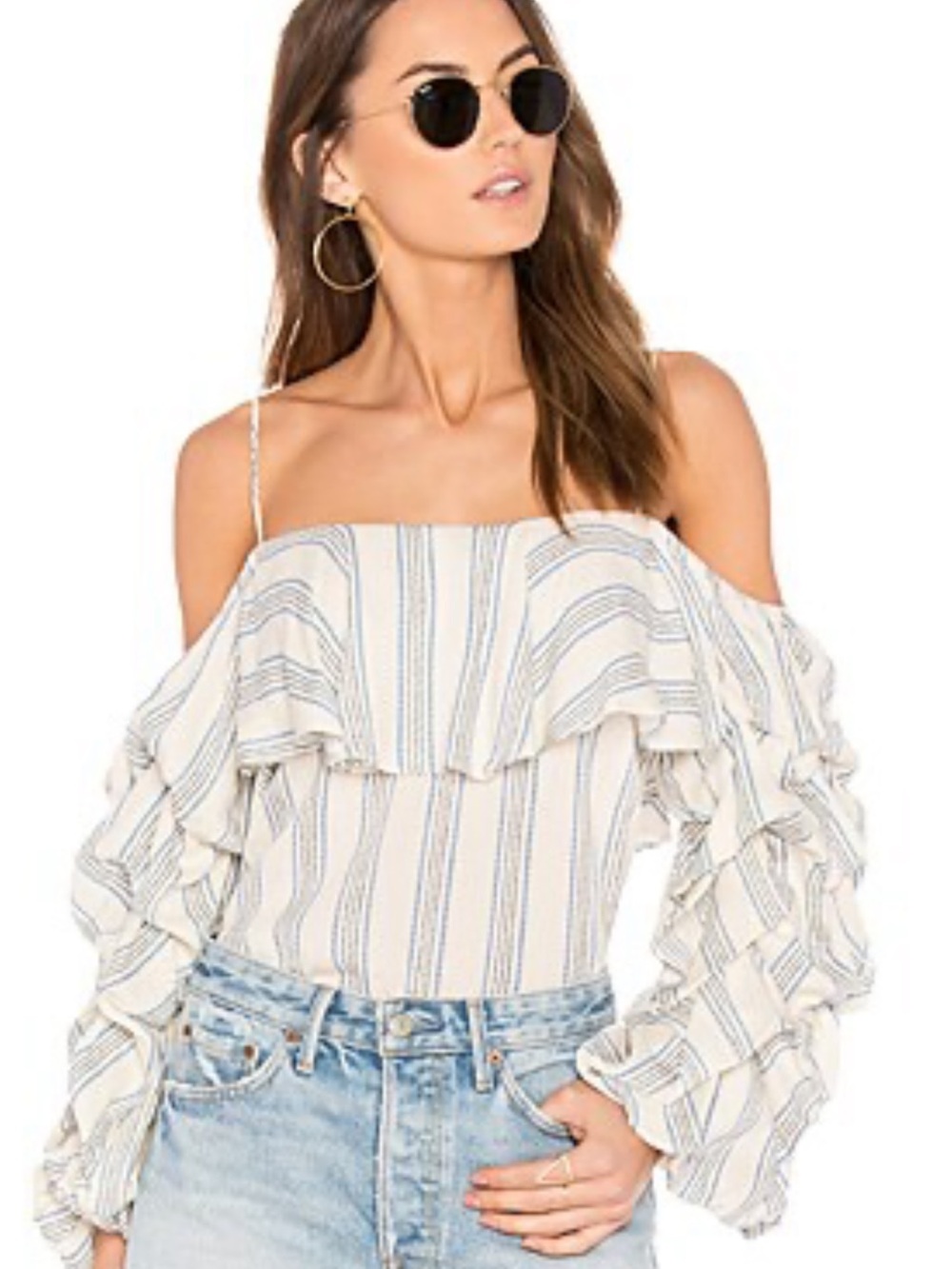 MISA Los Angeles Off-Shoulder Ruffle Stripe Top - Cream with Blue Stripes